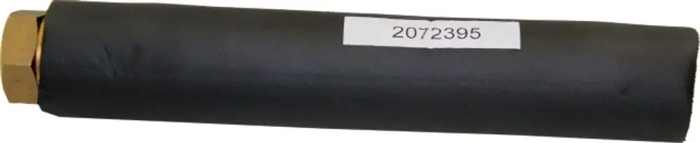 Isoliertes Rücklaufgerät in schwarz mit Metallanschluss, auf einem weißen Hintergrund. Produkt von Wolf, zur Verwendung in Heizsystemen.